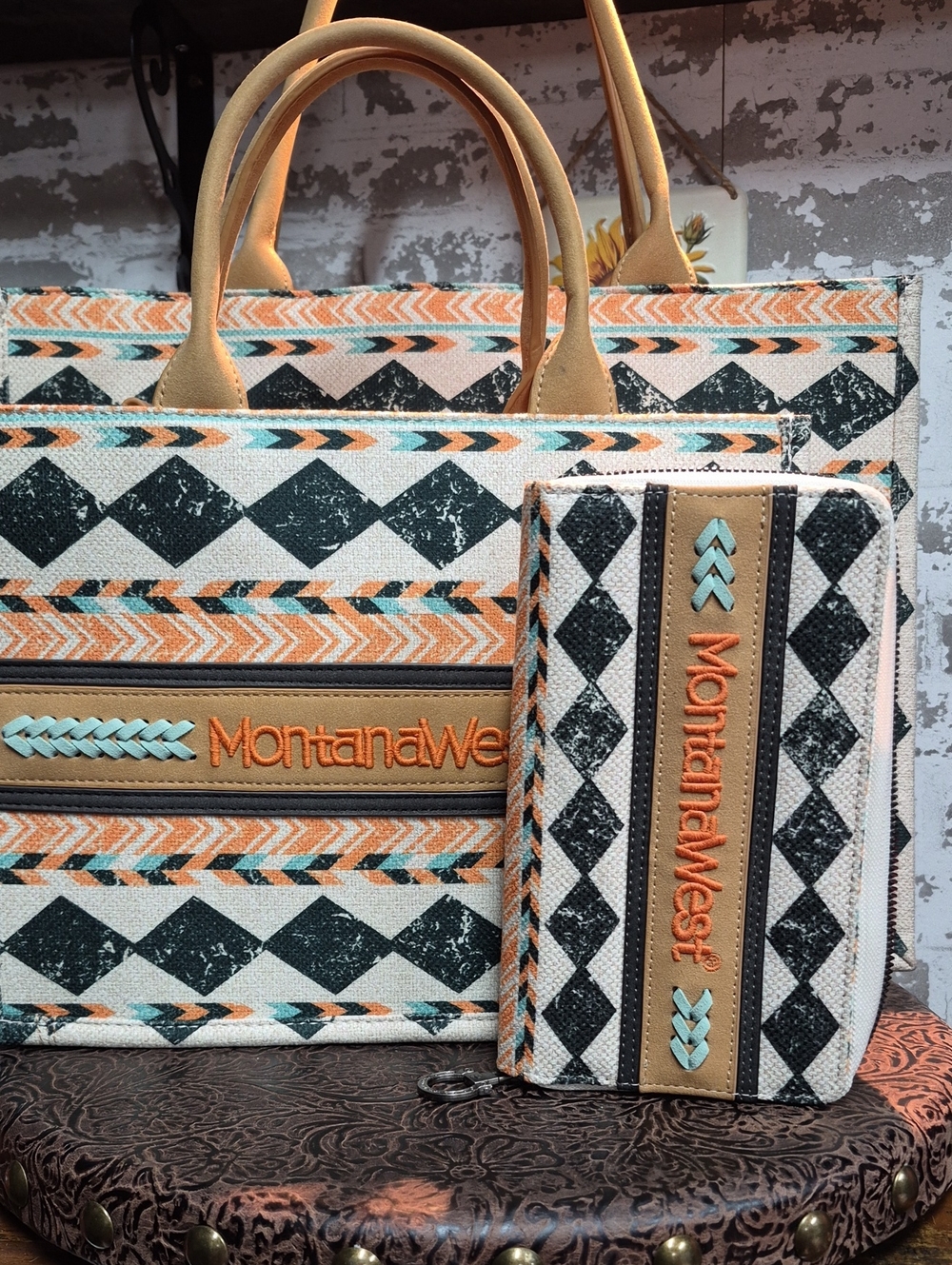 Montana West Tan, Black, Orange & Teal Patterned Tote with Matching Wallet set